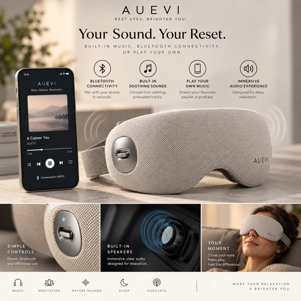 A close-up of the AUEVI far-infrared hot and cold eye massager, with a smartphone showing a music player screen and marketing text above. The image includes feature callouts such as Bluetooth connectivity, built-in soothing sounds, play your own music, and immersive audio experience, plus smaller inset panels demonstrating controls, sound waves, and a person wearing the mask.