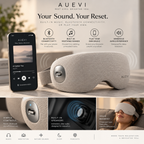 A close-up of the AUEVI far-infrared hot and cold eye massager, with a smartphone showing a music player screen and marketing text above. The image includes feature callouts such as Bluetooth connectivity, built-in soothing sounds, play your own music, and immersive audio experience, plus smaller inset panels demonstrating controls, sound waves, and a person wearing the mask.