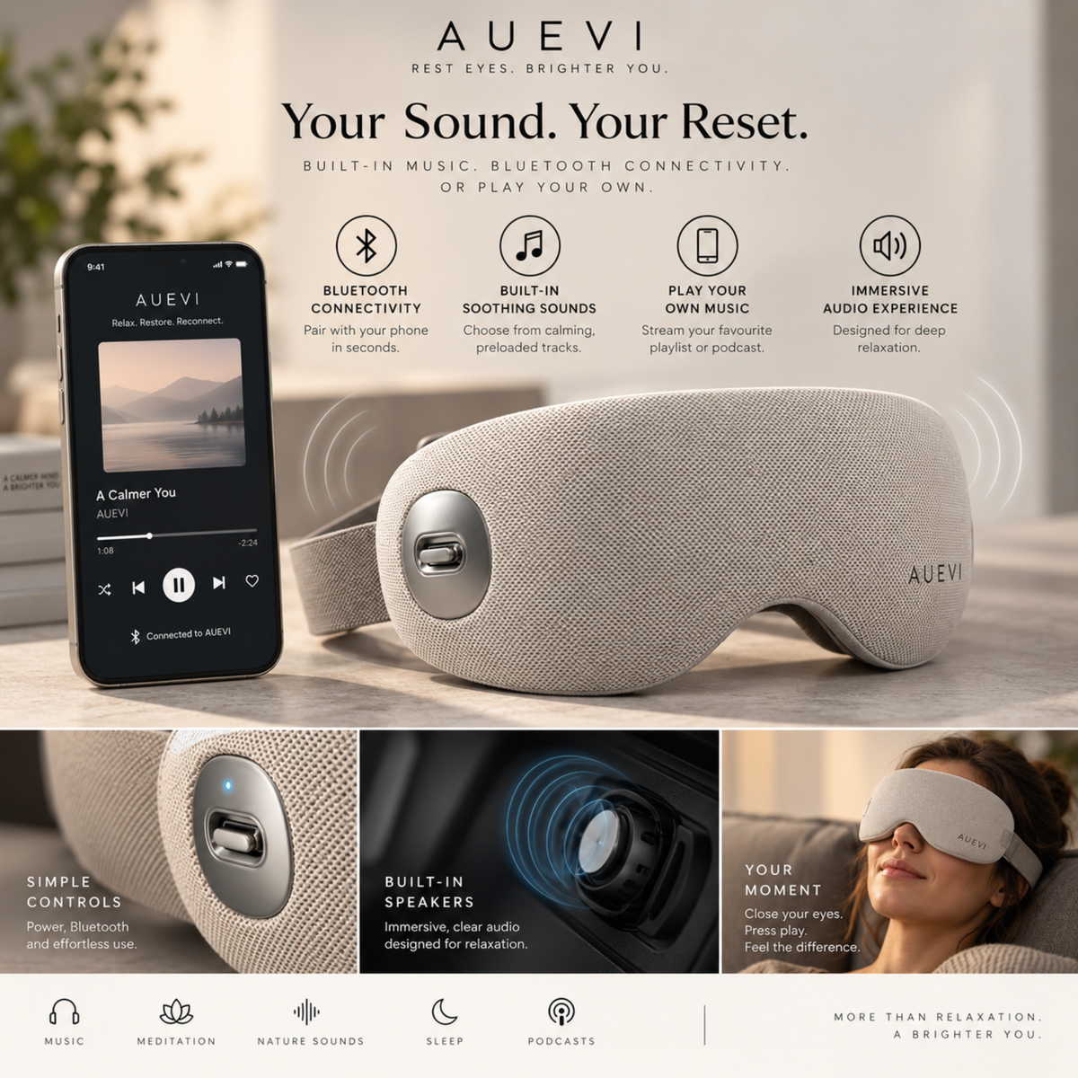 A close-up of the AUEVI far-infrared hot and cold eye massager, with a smartphone showing a music player screen and marketing text above. The image includes feature callouts such as Bluetooth connectivity, built-in soothing sounds, play your own music, and immersive audio experience, plus smaller inset panels demonstrating controls, sound waves, and a person wearing the mask.