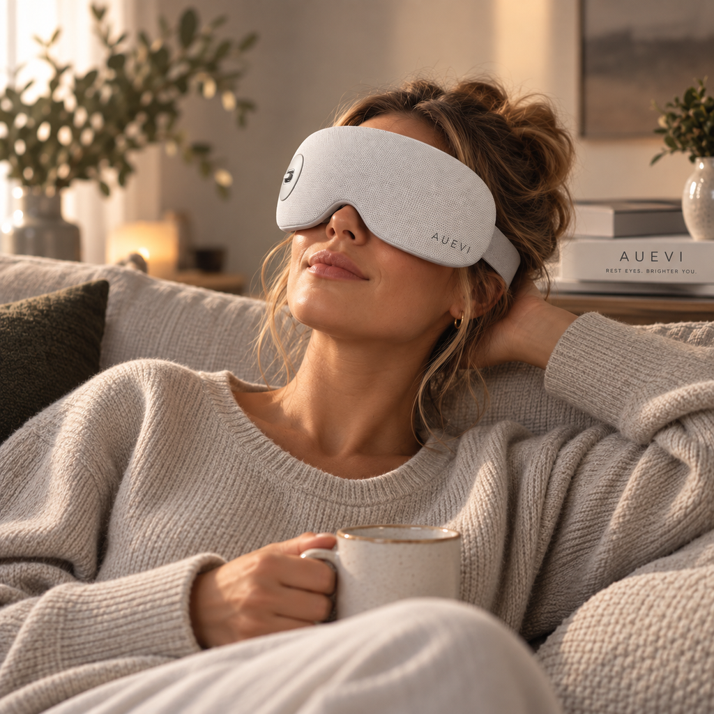 A woman reclining on a couch wearing a light gray AUEVI Far-infrared hot and cold eye massager and a beige knit sweater, holding a mug in a cozy indoor setting.